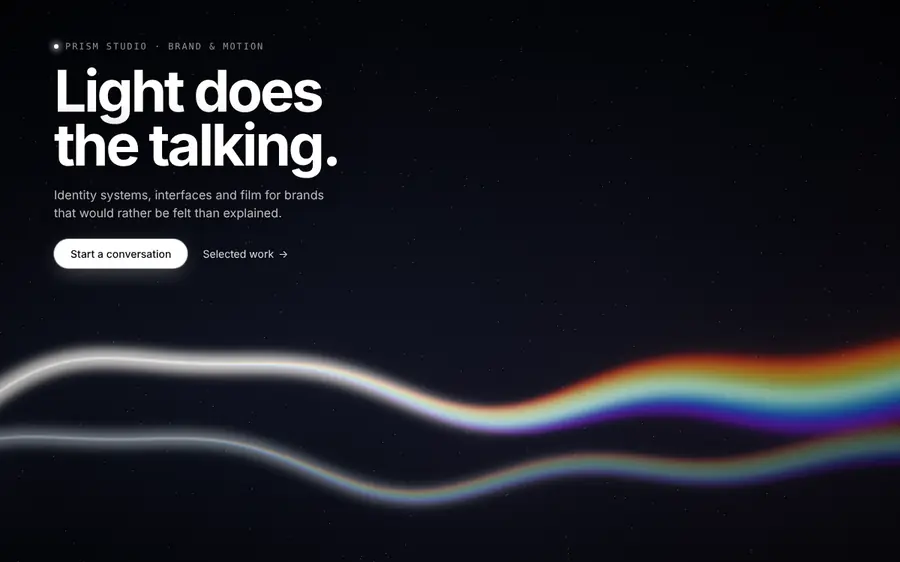 Prismatic light ribbon (WebGL dispersion), Hero sections