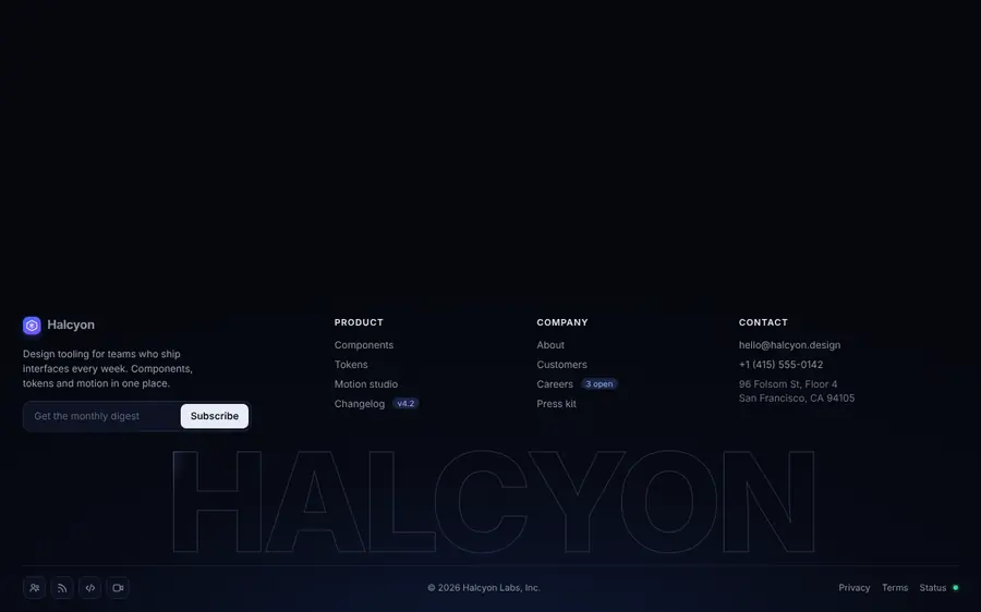 Giant outlined wordmark footer with hover fill, Footers