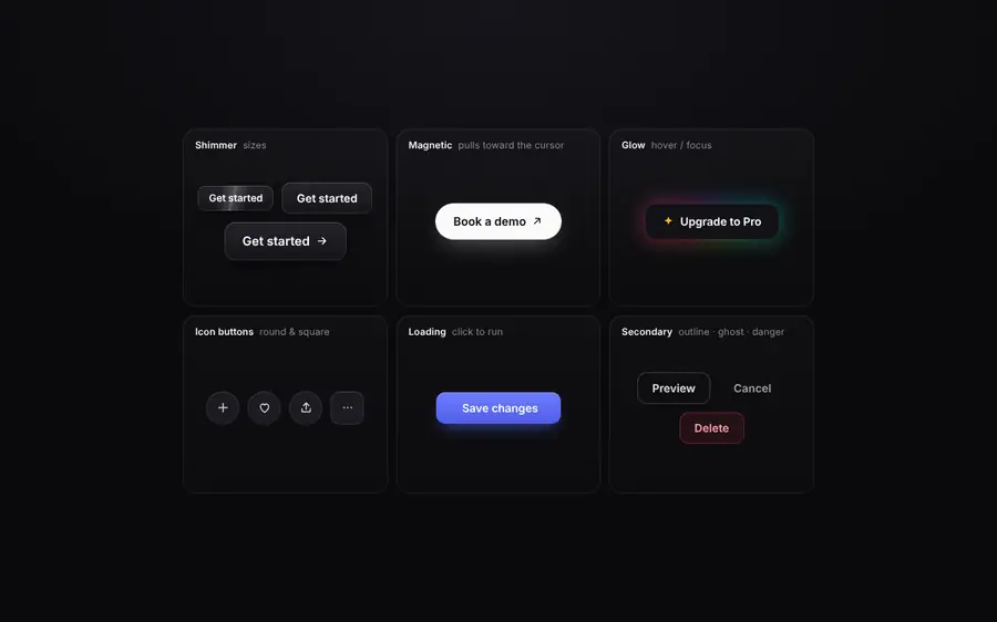Button showcase: shimmer, magnetic, glow and more, Buttons