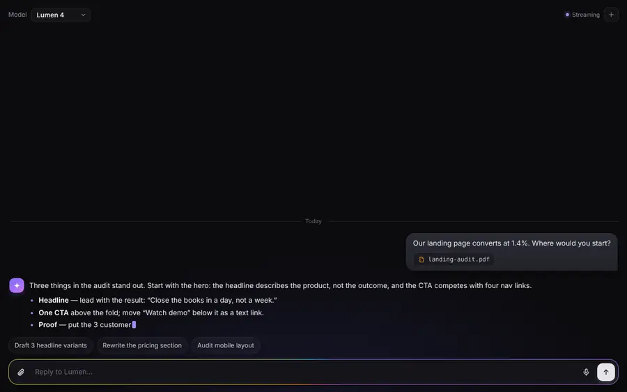 AI chat panel: streaming markdown + glowing composer, AI chats