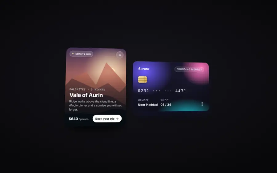 3D tilt cards with glare and depth layers, Cards & grids