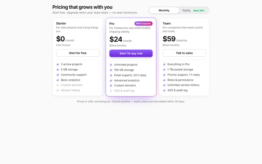 Pricing section with monthly/yearly toggle, Sections