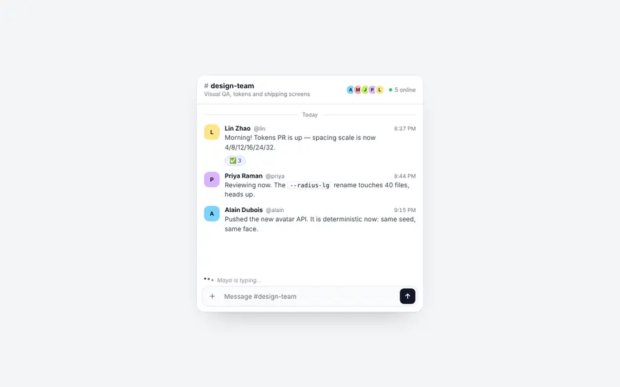 Team channel with typing + reactions, AI chats
