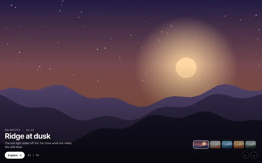 Full-bleed scene gallery with filmstrip, Galleries & 3D