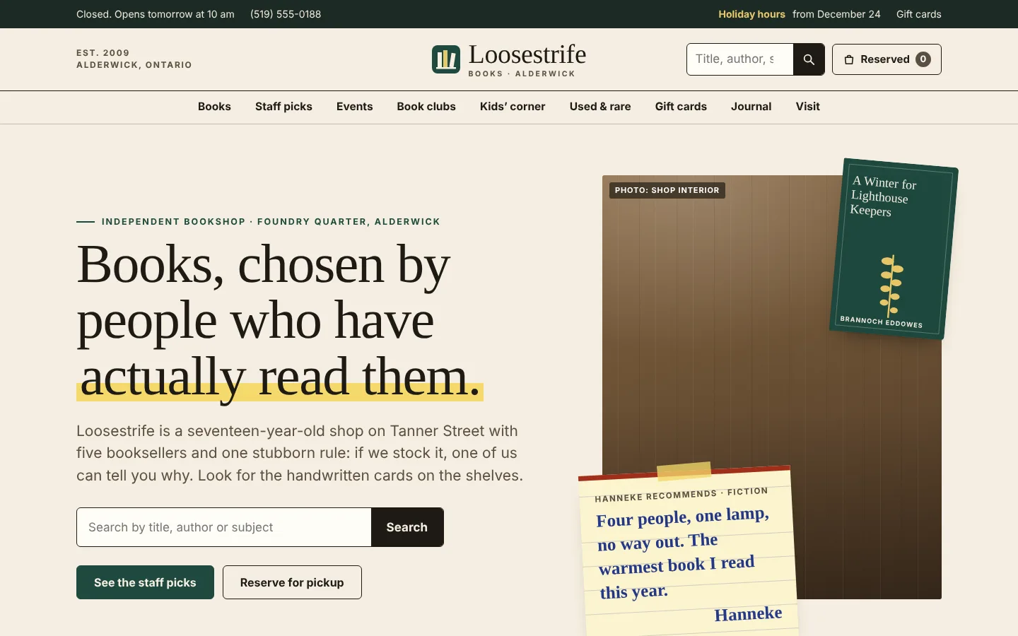 Loosestrife Books, Independent bookshop · 30 pages · photos to come