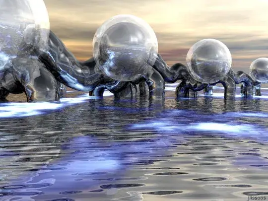 Glass spheres on water, 3D render